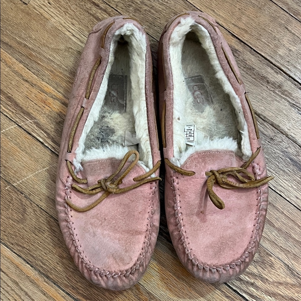 UGG Women's Pink Suede Shearling-Trim Moccasin Slippers